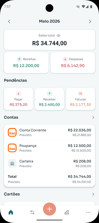 Tela do Kontto com saldo, receitas, despesas, pendências e contas
